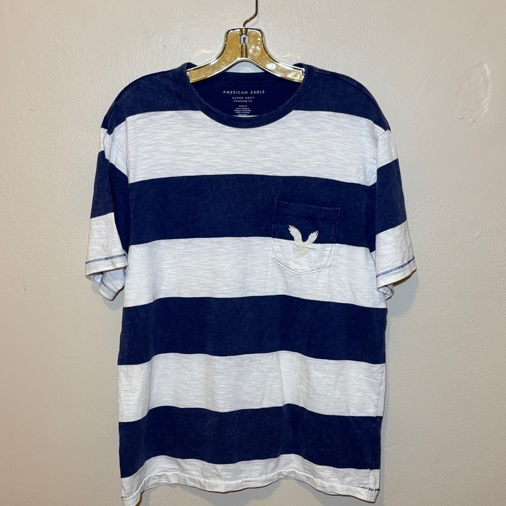 American Eagle Outfitters Navy and White Horizontal Stripe Pocket Tee